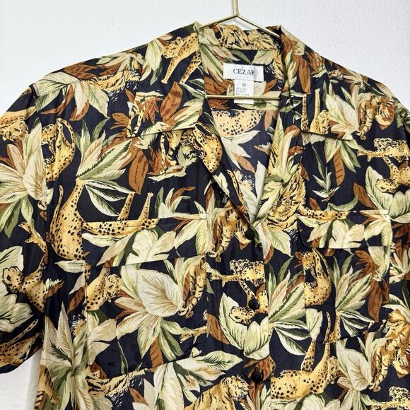 Vintage 100% Silk Top Medium 90s Tiger Cheetah Novelty Hawaiian Button Shirt - Picture 1 of 7